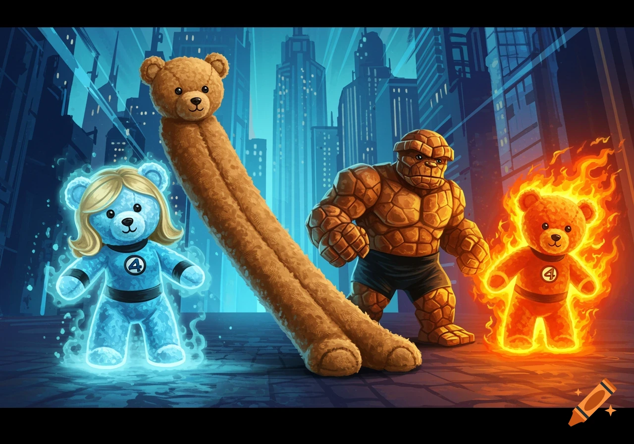 Cartoon illustration of teddy bears as the Fantastic Four characters in a city. Includes blue Invisible Woman, stretchy Mr. Fantastic, stony Thing, and fiery Human Torch.