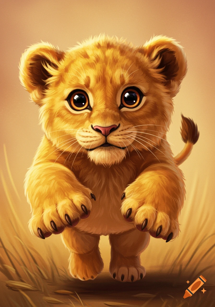 A cute, stylized illustration of a fluffy lion cub with big eyes, appearing to lunge forward against a warm, blurry savanna background.