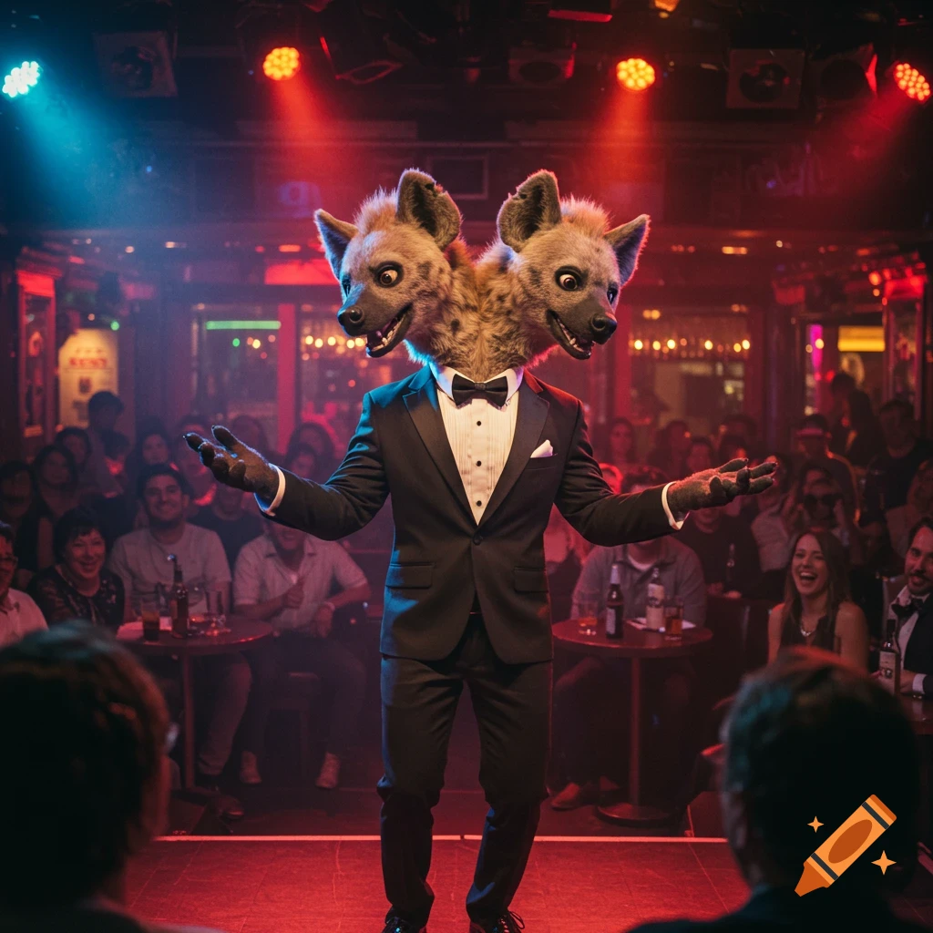 A two-headed anthropomorphic hyena in a tuxedo performs stand-up comedy on a red-lit stage in a nightclub.