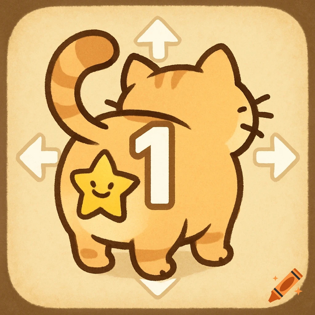 A cute cartoon ginger cat from behind with a white number 1 and a yellow smiley star sticker on its back, surrounded by white arrows on a beige background, in a game icon style.