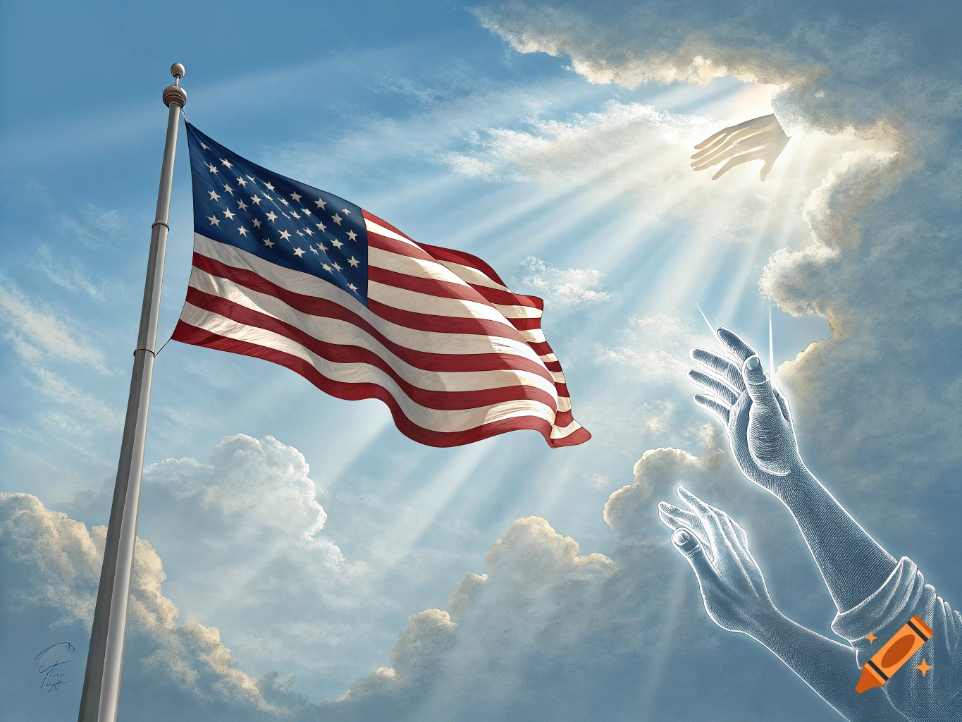 An American flag waves under a bright blue sky with sun rays, as two ethereal hands reach towards a hand descending from sunlit clouds.