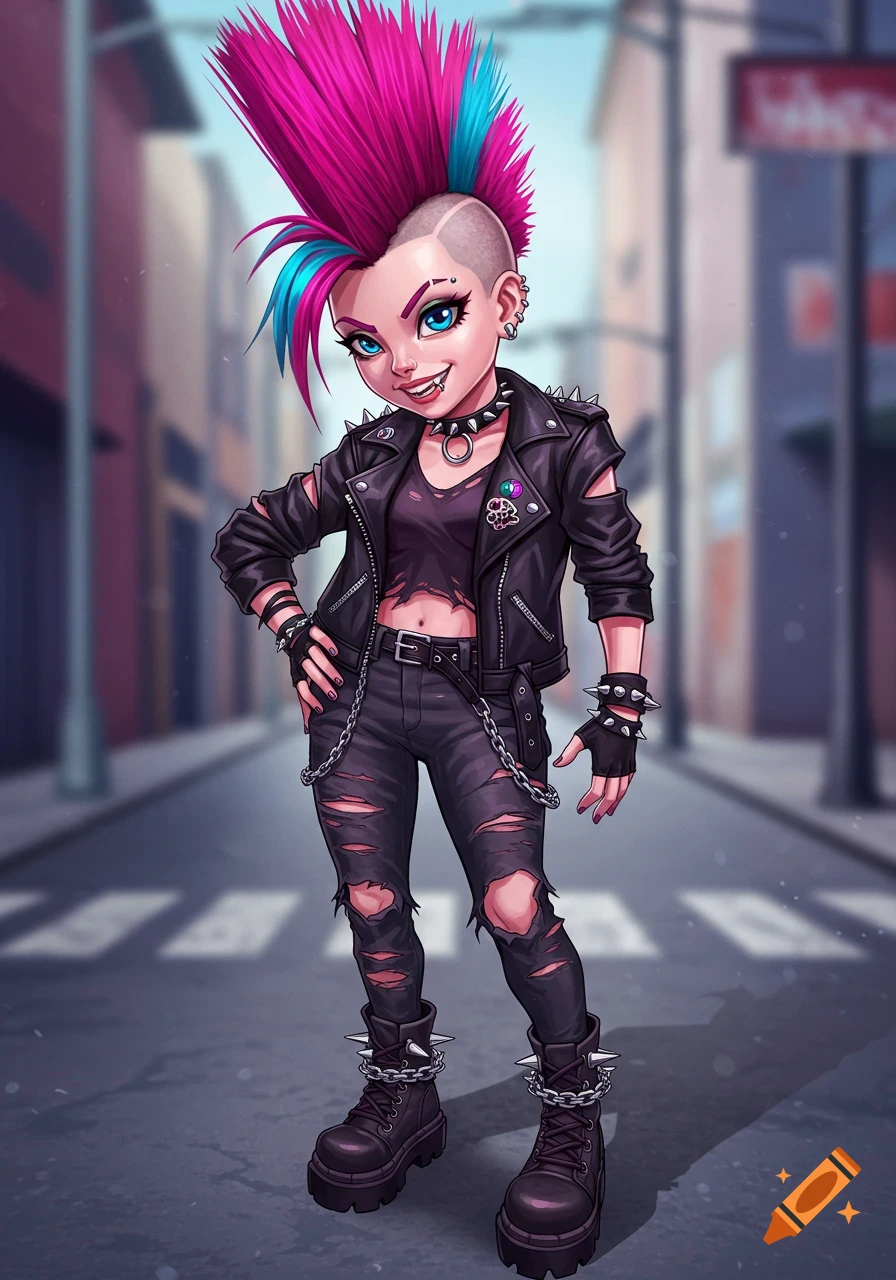Anime style cartoon of a punk rock girl with a pink and blue mohawk, studded jacket, ripped jeans, and chunky boots on a city street.