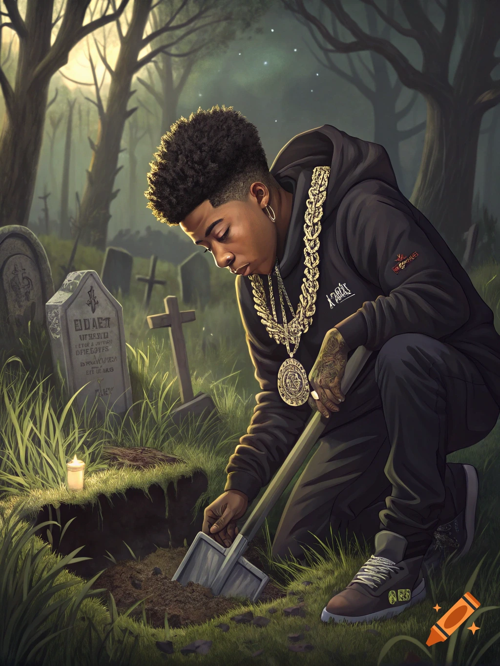 A man with a large gold chain kneels in a grassy cemetery, digging a hole next to a tombstone and a lit candle. Tall trees stand in the background.