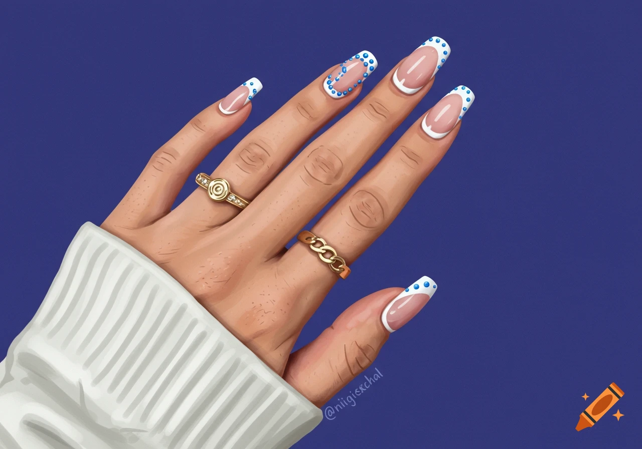 Close-up of a hand with white-tipped French manicured nails adorned with blue dots, wearing gold rings, against a solid blue background in a digital art style.