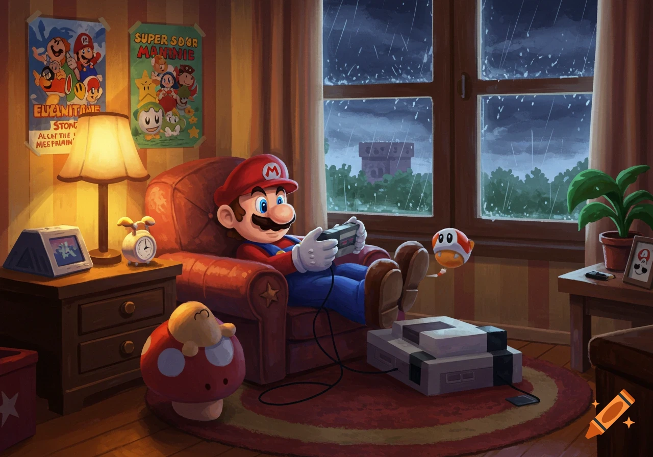 Super Mario sits in a red armchair playing an old Nintendo console controller, while it rains outside a large window. Room includes a lamp, posters, and a plant.