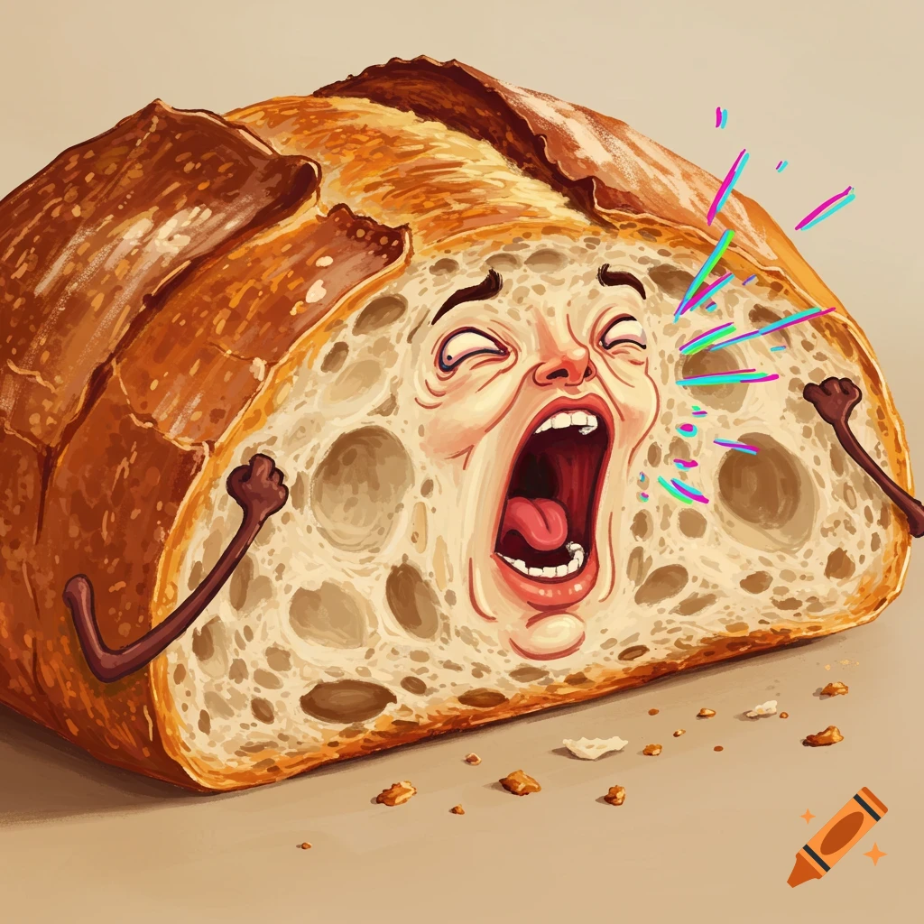 A stylized illustration of a slice of bread with a screaming human face and small arms, with colorful streaks emanating from its eye area, and crumbs on the table.