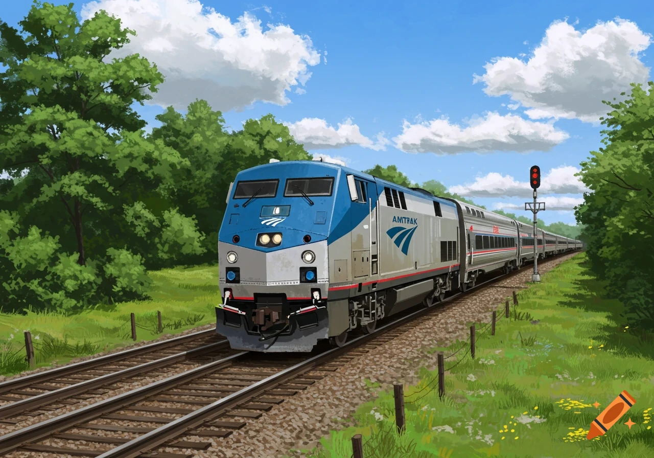 A blue and silver Amtrak locomotive pulls a train along tracks through a green, forested landscape under a blue sky, in a digital painting style.