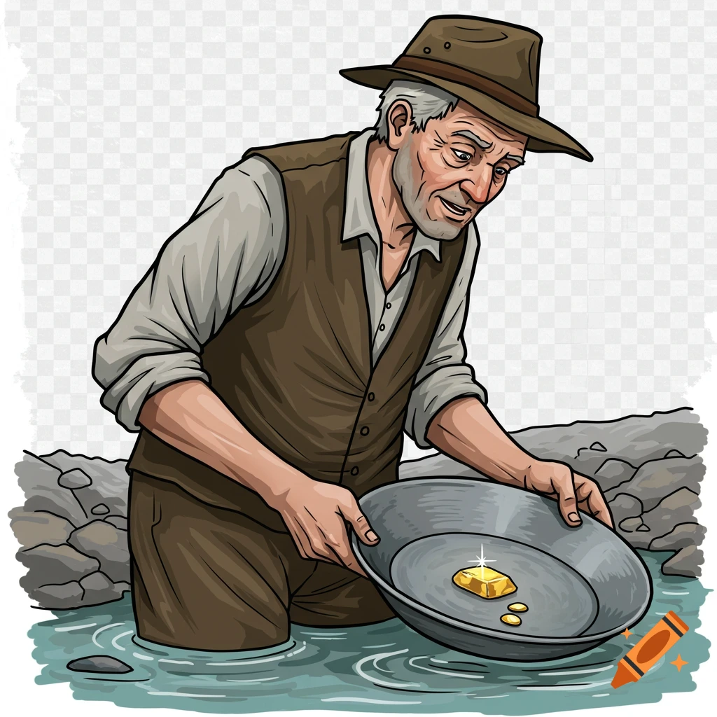 Clipart illustration of an old man panning for gold in a river, holding a pan with a golden nugget.