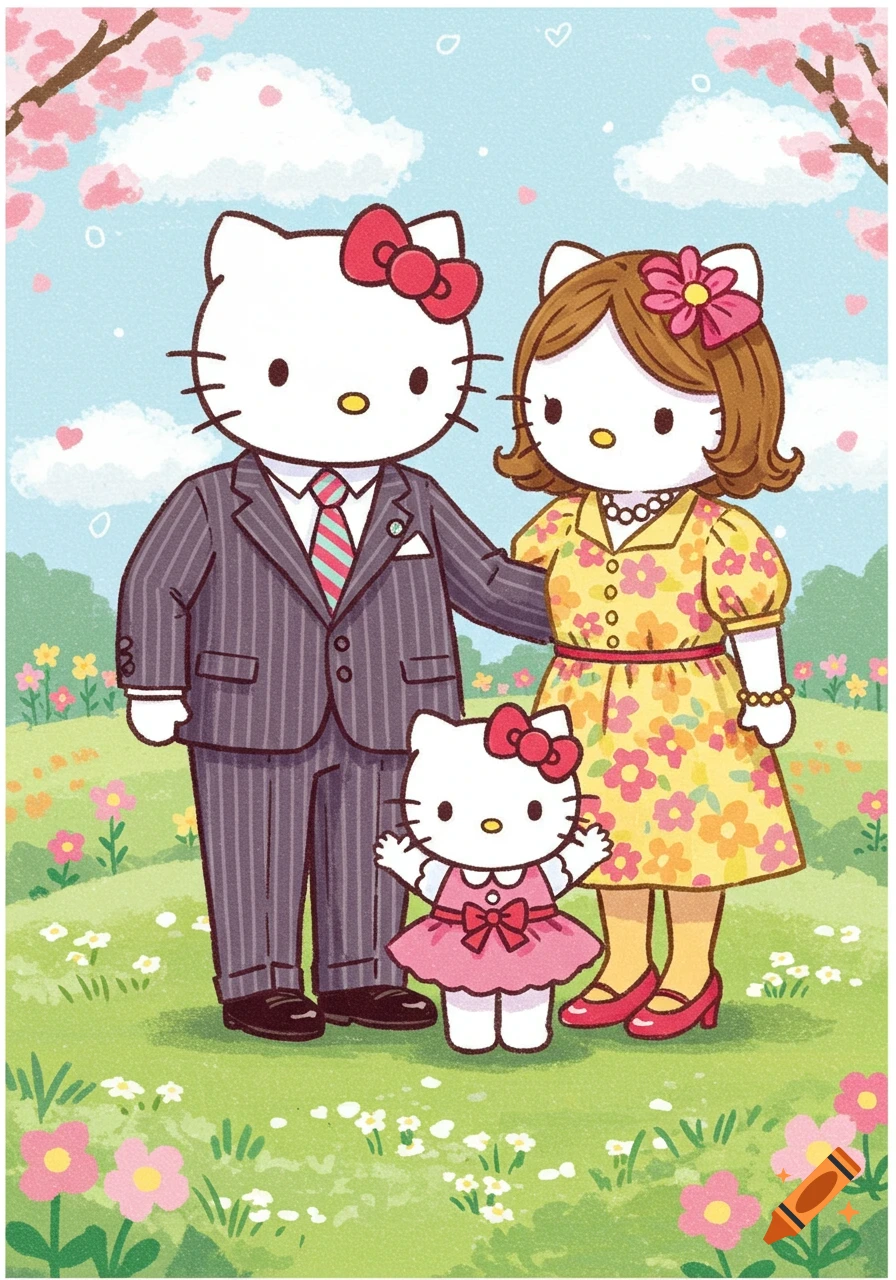 A cartoon illustration of Hello Kitty, her mother, and her father standing in a flower-filled park under cherry blossoms.