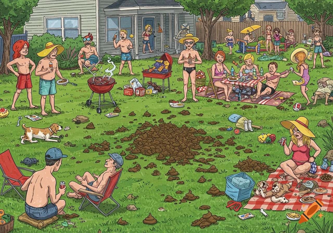 Cartoon illustration of a summer backyard BBQ party where the lawn is covered in dog poop, with many people and dogs.
