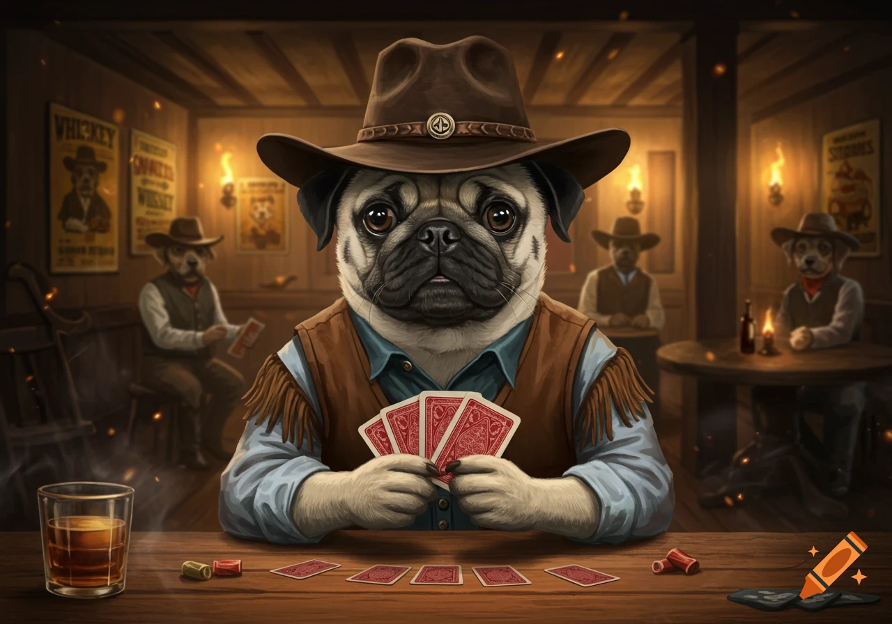 A pug in a cowboy hat and vest playing poker at a wooden table in a dimly lit Western saloon, with other dog-like figures in the background.