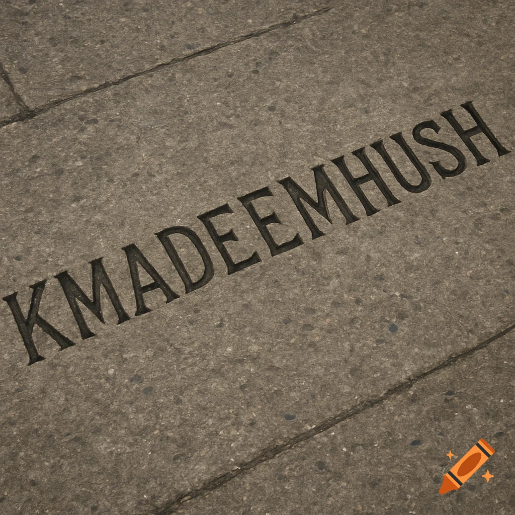The word KMADEEMHUSH engraved into a stone street or pavement.