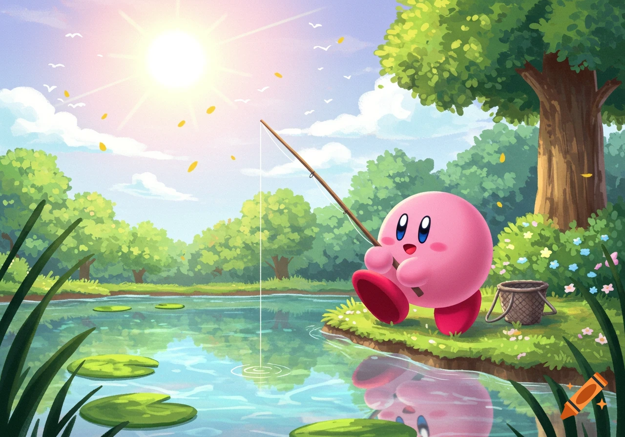 Kirby, a pink, round cartoon character, happily fishes in a bright blue lake on a sunny day, surrounded by green trees and lily pads.