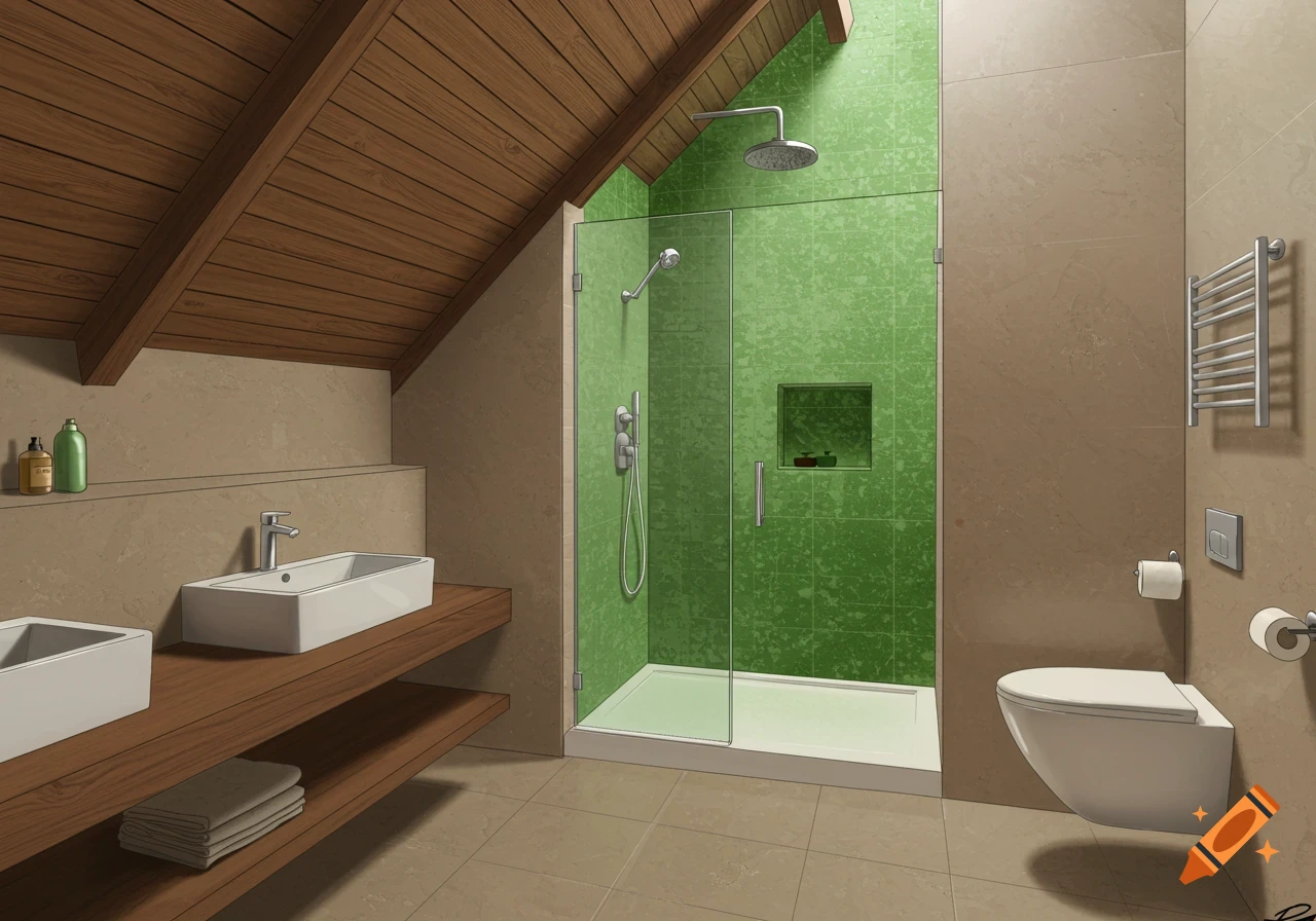 Modern attic bathroom with slanted wooden ceiling, beige walls, green-tiled shower, double sinks, and wall-mounted toilet. Illustrative style.