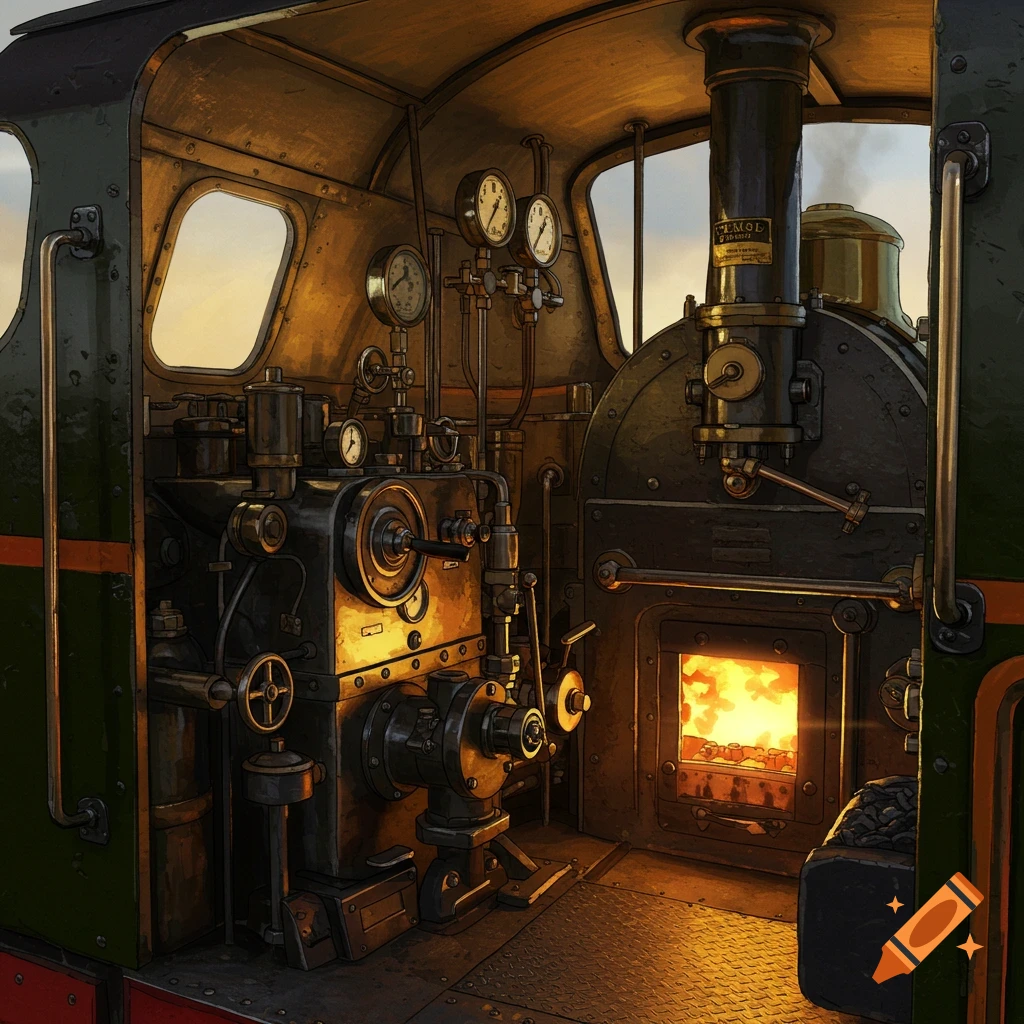 Interior view of a British steam locomotive cab at sunset, showing intricate machinery and glowing firebox.