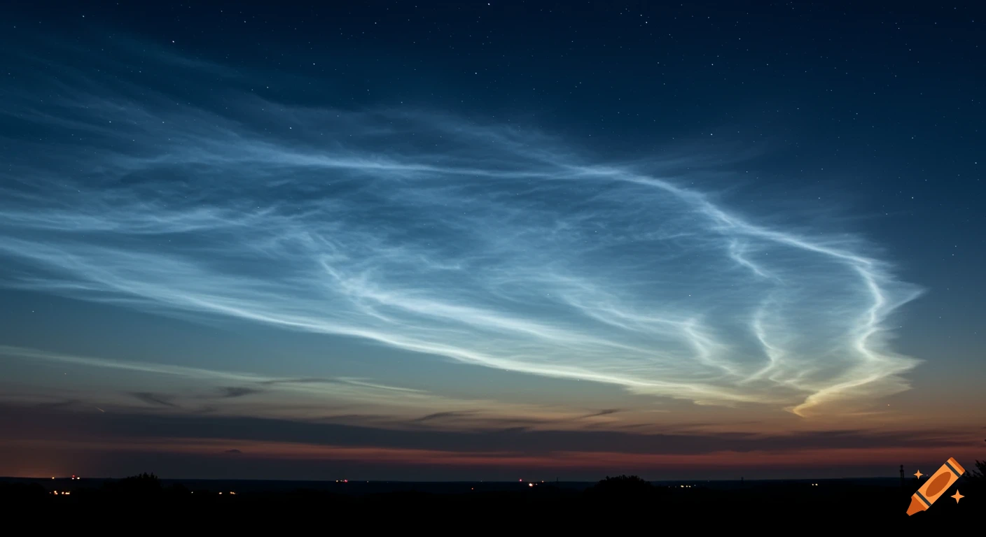 Bright, wavy noctilucent clouds illuminate the dark twilight sky above a silhouetted landscape with faint lights.