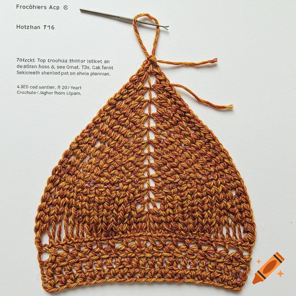 A top-down view of a triangular crocheted piece in brown and orange yarn with a crochet hook on a white background.