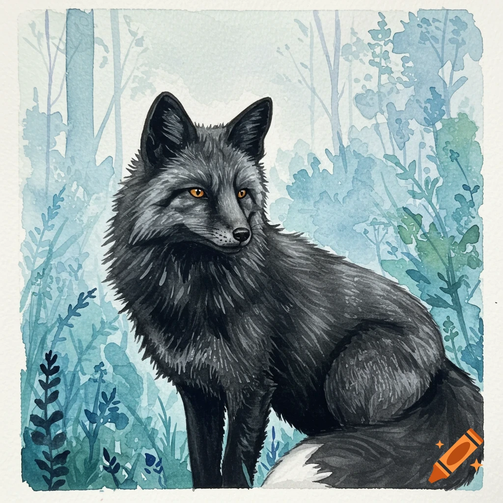A watercolor painting of a black fox with orange eyes sitting in a blue and green forest.
