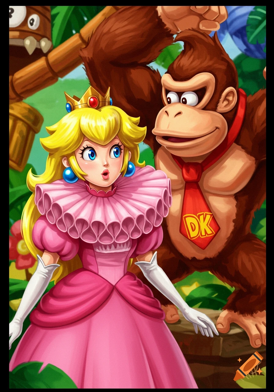 Princess Peach with a large ruffled collar looking surprised, standing in front of Donkey Kong in a jungle setting.