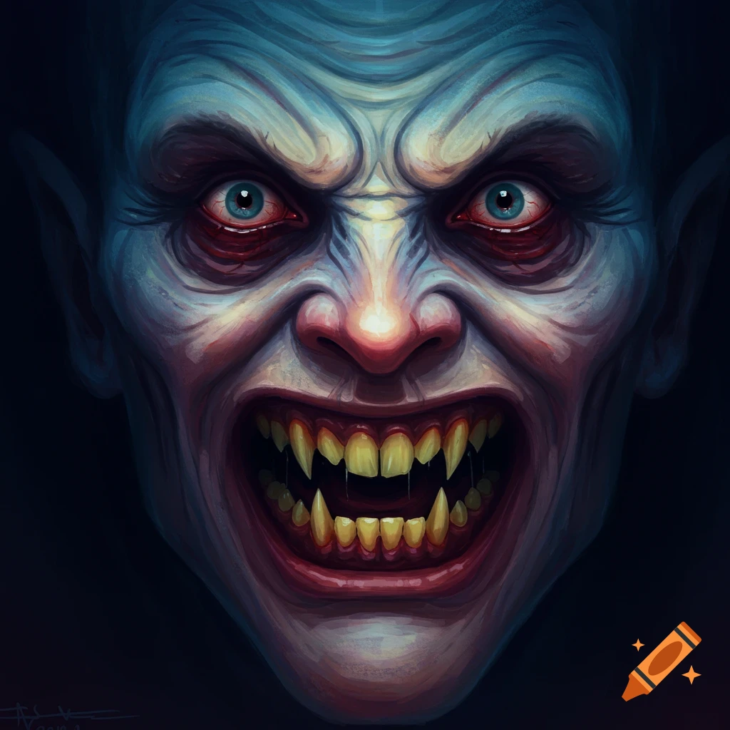 Close-up of a scary vampire's face with pale blue skin, red eyes, and sharp fangs, against a dark background in an illustrative style.