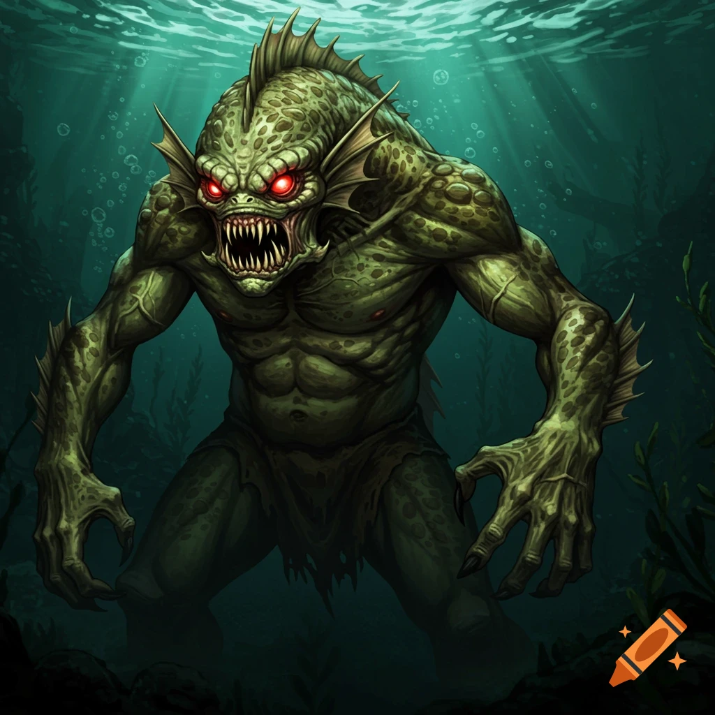 A menacing green scaly fish-man monster with glowing red eyes and sharp teeth stands underwater in a cell-shaded art style.