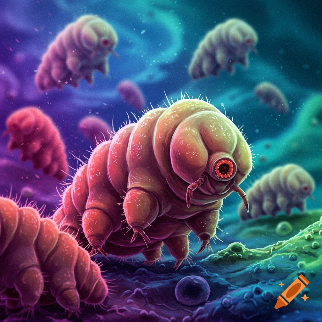 Close-up illustration of several hairy tardigrades in a colorful, microscopic environment.
