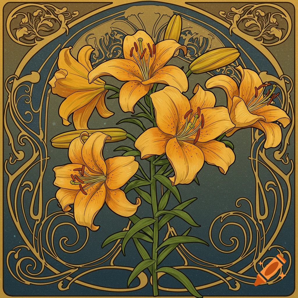 Art Nouveau style illustration of yellow lilies with green stems and leaves, set against a dark blue and gold ornate background.