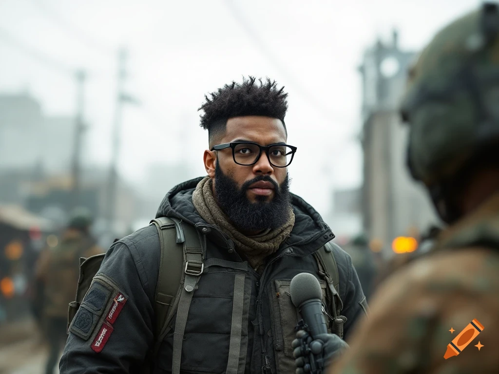 A bearded man in a dark jacket and glasses holds a microphone, interviewing someone in a blurry, war-torn background.