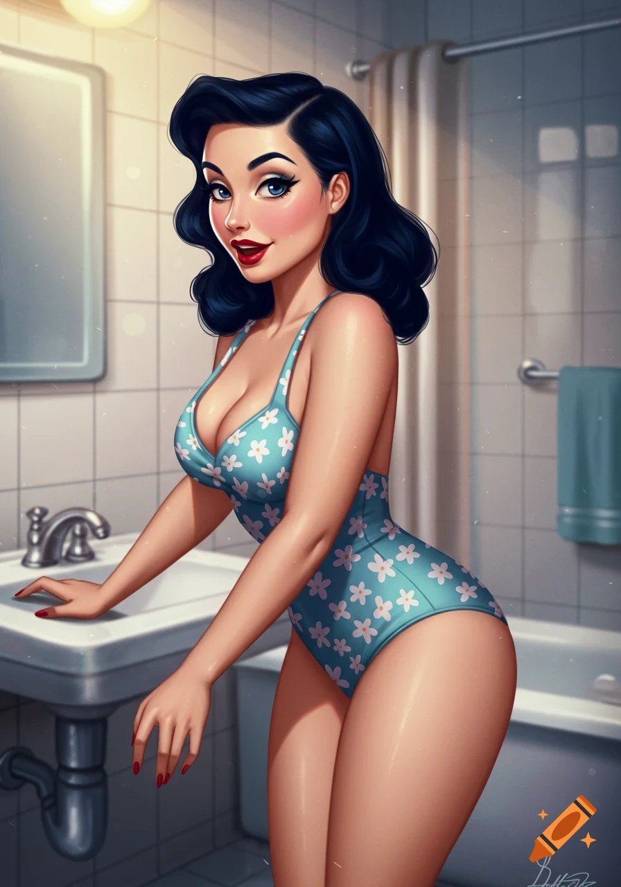Pin-up illustration of a woman with dark hair in a floral swimsuit, leaning on a bathroom sink.