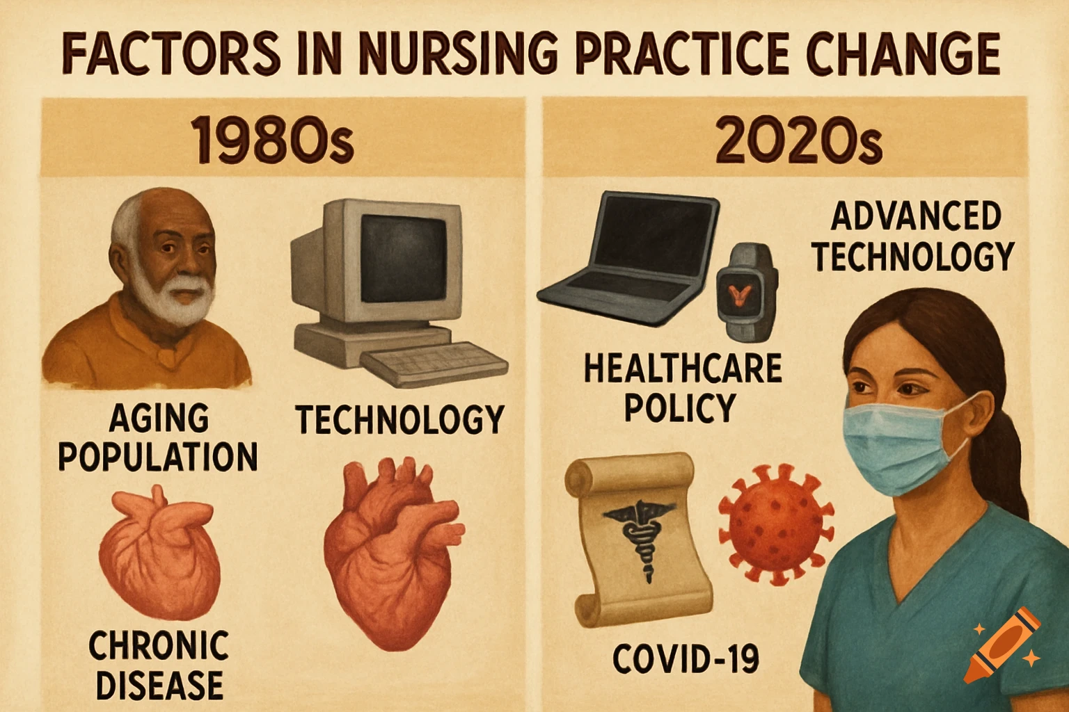An infographic showing factors in nursing practice change from the 1980s to 2020s, with illustrations of technology, health issues, and medical personnel.