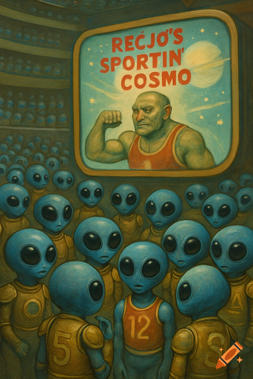 Blue aliens with large black eyes in an arena watch a screen showing a muscular green humanoid flexing. Some aliens wear jerseys with numbers.