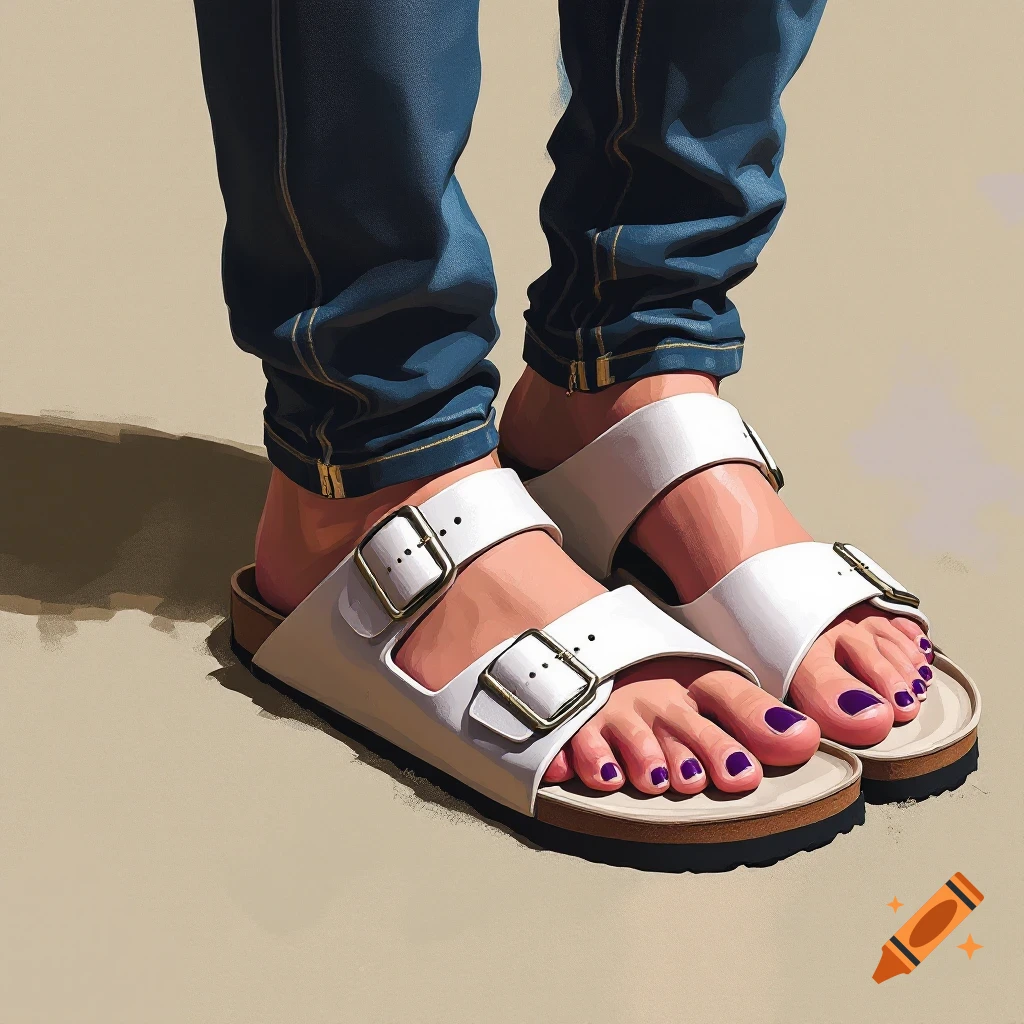Close-up of a person's feet wearing blue jeans and white Birkenstock-style sandals with purple nail polish in a stylized illustration.