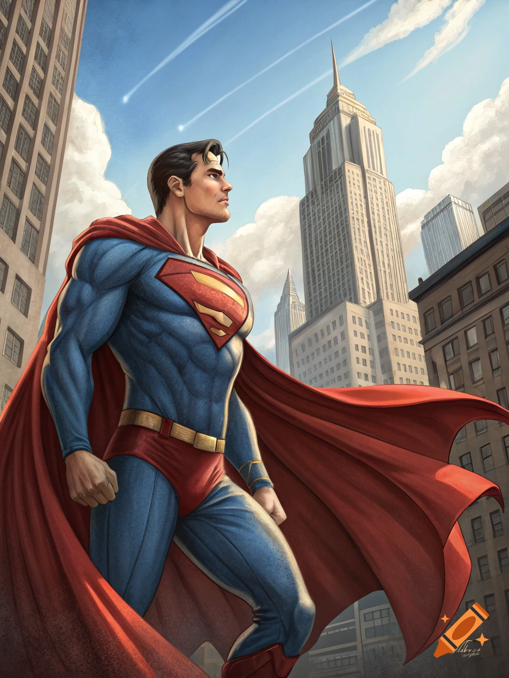 A muscled Superman in his classic red and blue suit with a flowing red cape stands in a city with tall buildings under a blue sky.