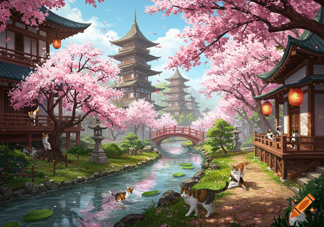 Vibrant illustration of a Japanese landscape with traditional pagodas, cherry trees in bloom, a river, and calico cats.