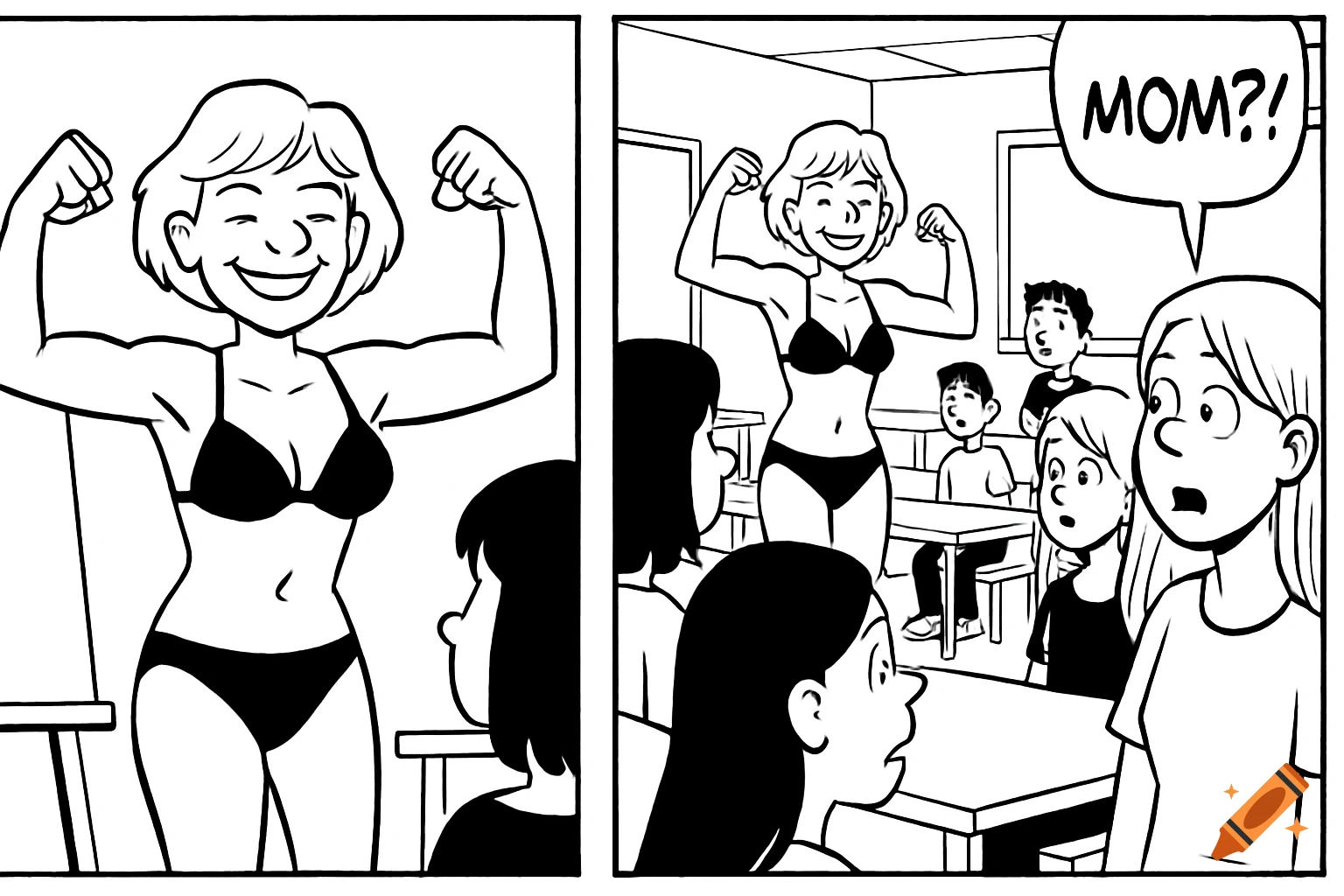 Black and white comic strip shows a woman in a bikini flexing in a classroom, while a surprised girl exclaims 'MOM?!'