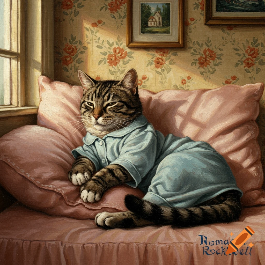 Norman Rockwell style painting of a tabby cat in blue pajamas relaxing on a pink pillow.