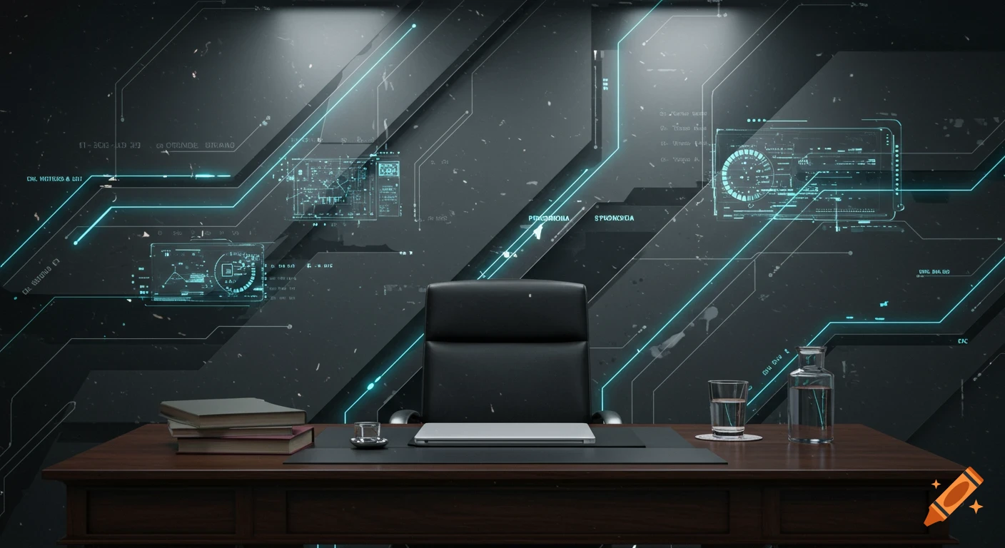 A modern professor's desk with a black leather chair in front of a dark, high-tech wall with glowing blue circuitry and screens.