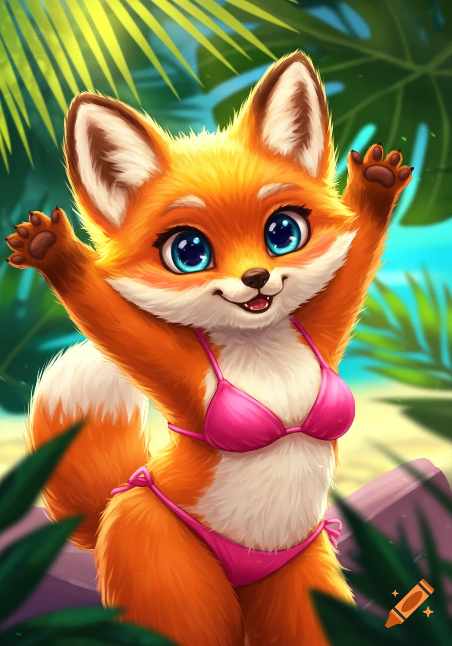 A cute anthropomorphic cartoon fox with big blue eyes wearing a pink bikini, standing with arms raised against a tropical beach background.