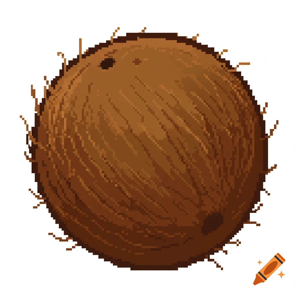 A single brown coconut in pixel art style against a white background.