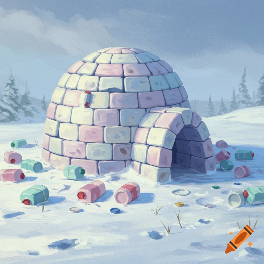 A pastel-colored igloo stands in a snowy landscape, surrounded by scattered pink and teal plastic bottles and caps.