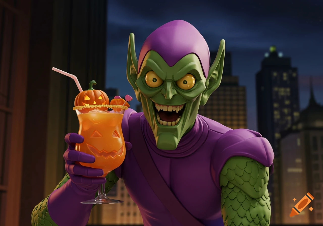 The Green Goblin from the 90s animated series grins, holding a pumpkin-themed cocktail with a straw.