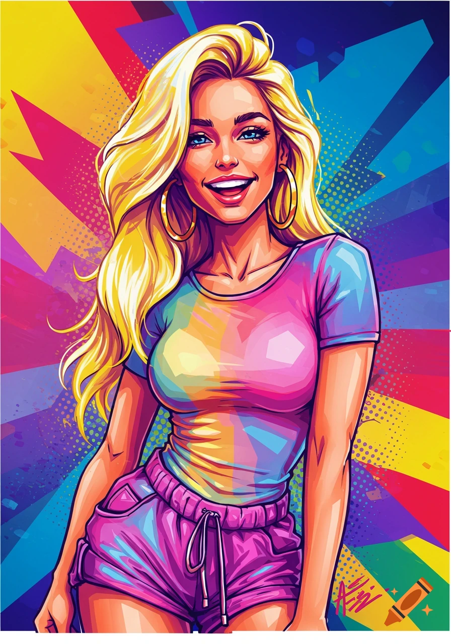 Smiling blonde woman with blue eyes and hoop earrings, wearing a colorful t-shirt and pink shorts, against a vibrant pop art background.