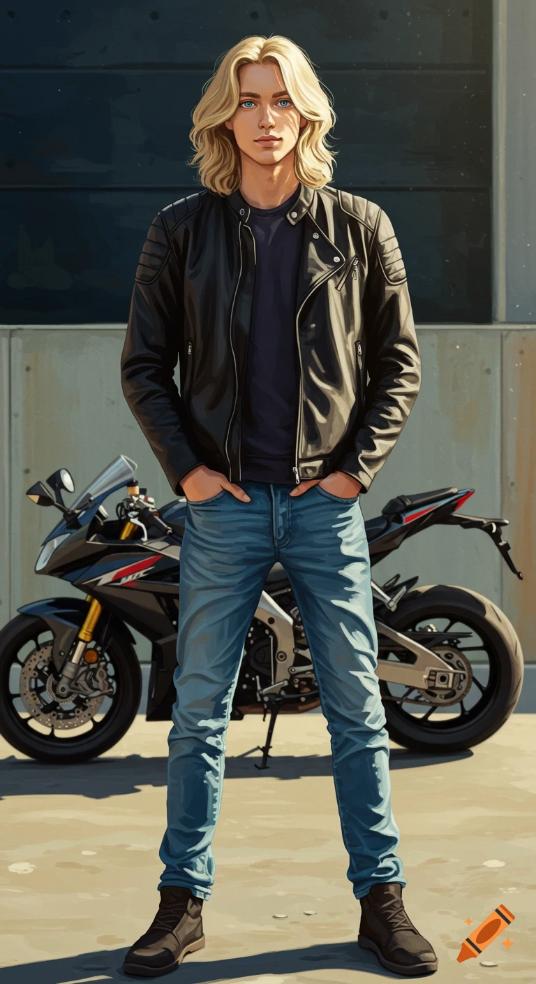 A blonde man with blue eyes and a black leather jacket stands confidently in front of a black sport motorcycle outdoors.