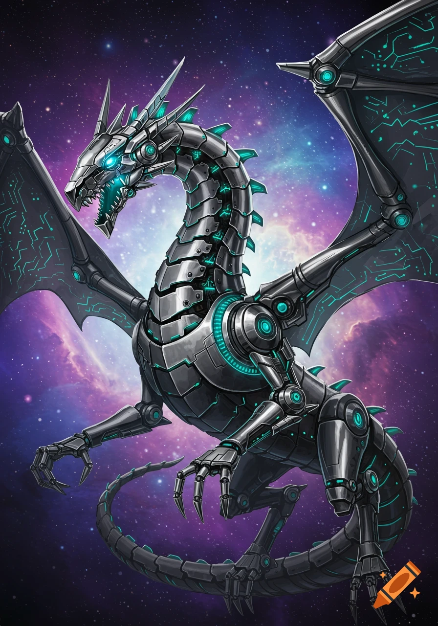 A majestic metallic robot dragon with glowing teal accents and circuit patterns stands against a vibrant galaxy background.