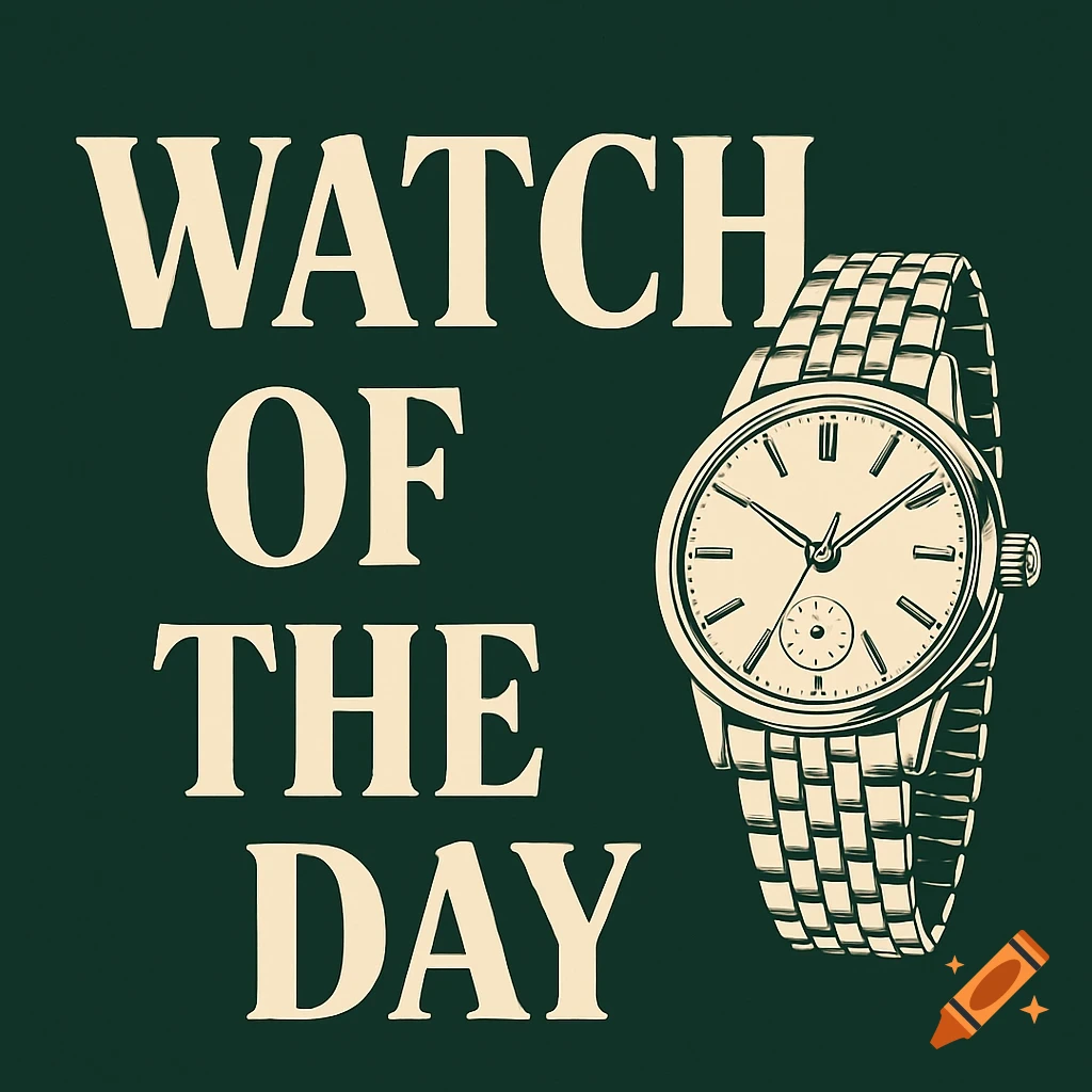 A vintage-style illustration of a watch next to the text "WATCH OF THE DAY" on a dark green background.