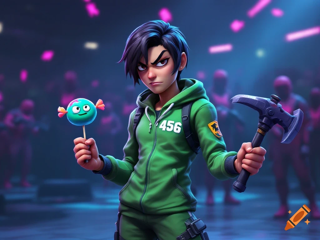 A cartoon character in a green tracksuit with '456', holding a lollipop and a pickaxe, in a dark arena.
