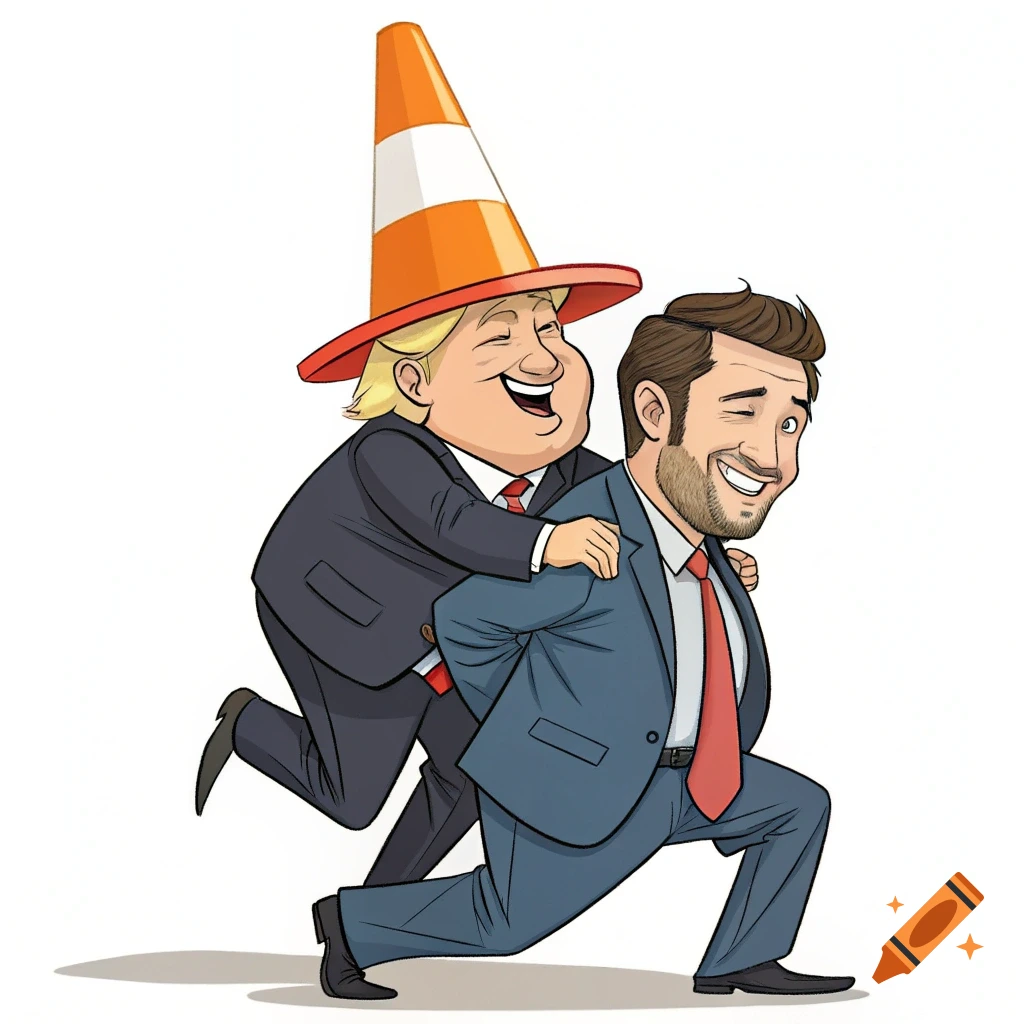 A simple cartoon of Donald Trump wearing a traffic cone hat, getting a piggyback ride from J.D. Vance.