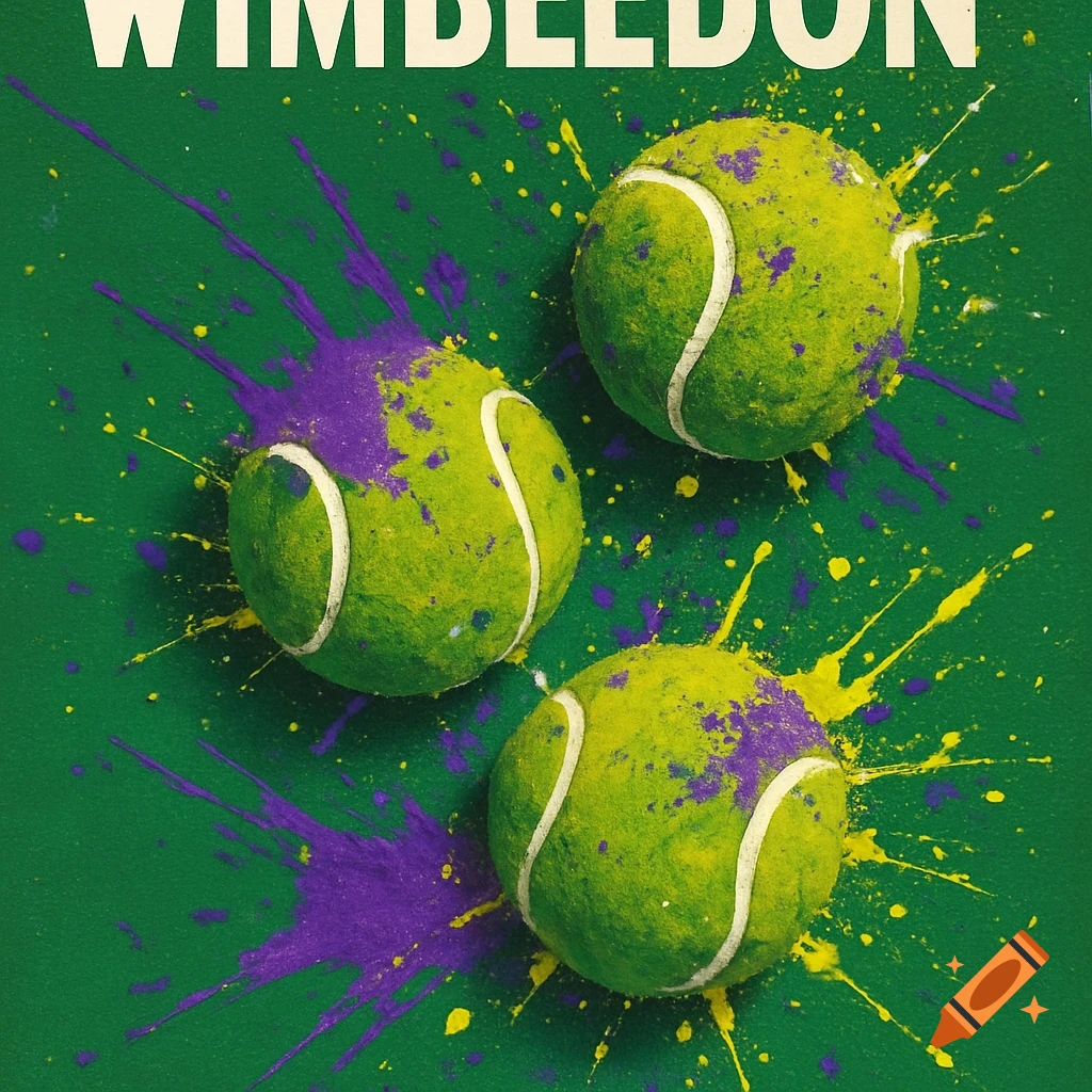 Three tennis balls splattered with purple and yellow paint on a green background, with the word "WIMBLEDON" visible at the top.