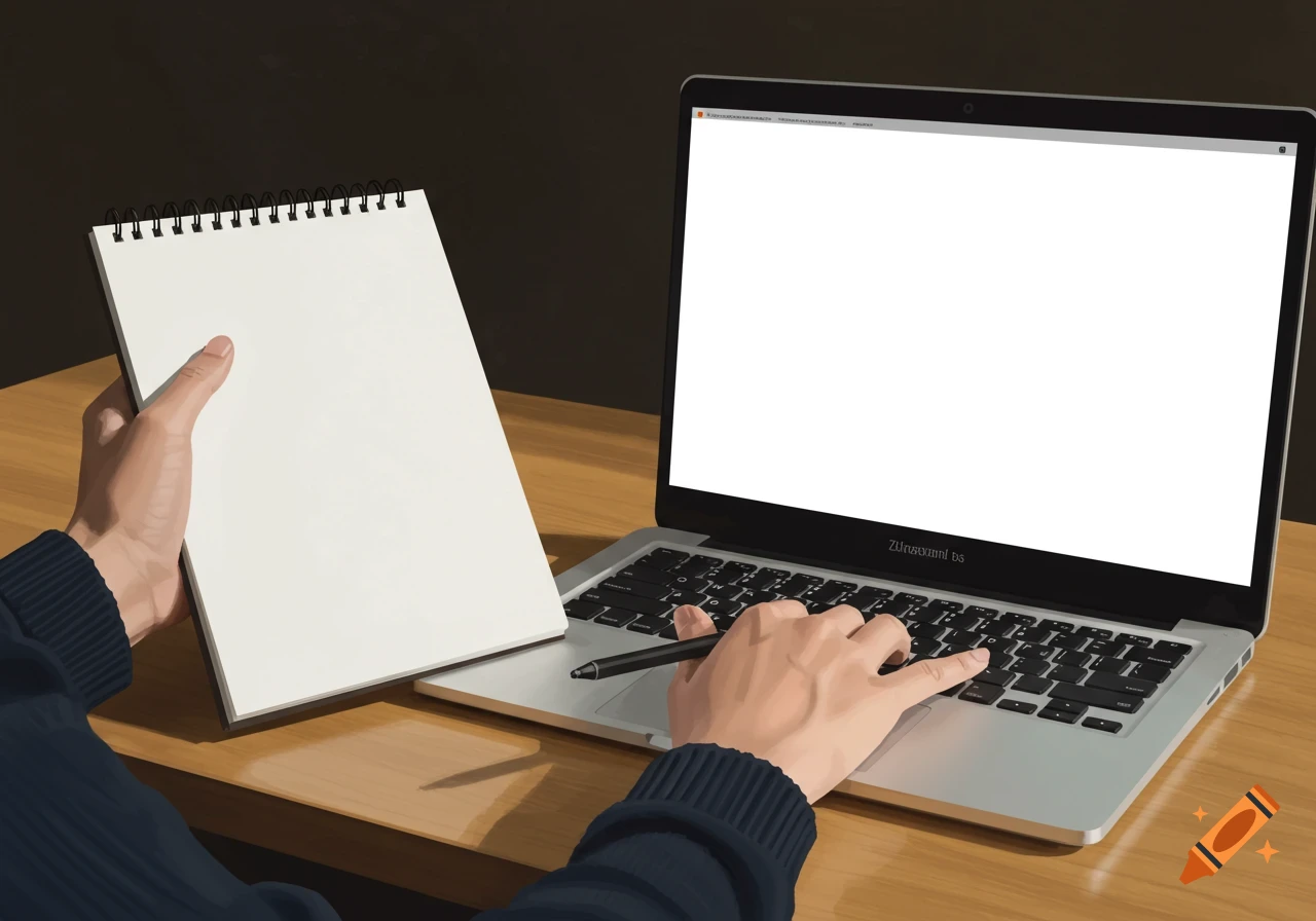 Digital illustration of a person's hands holding a blank spiral notebook and typing on a laptop with a blank screen on a wooden desk.