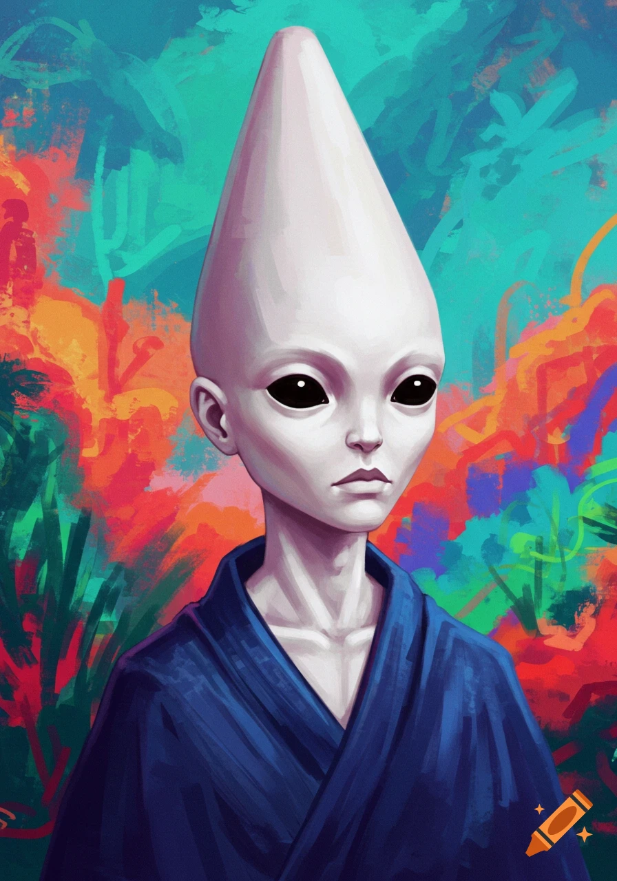 Portrait of a light-skinned alien with a tall conical head, black eyes, and a blue robe, against a vibrant abstract background.